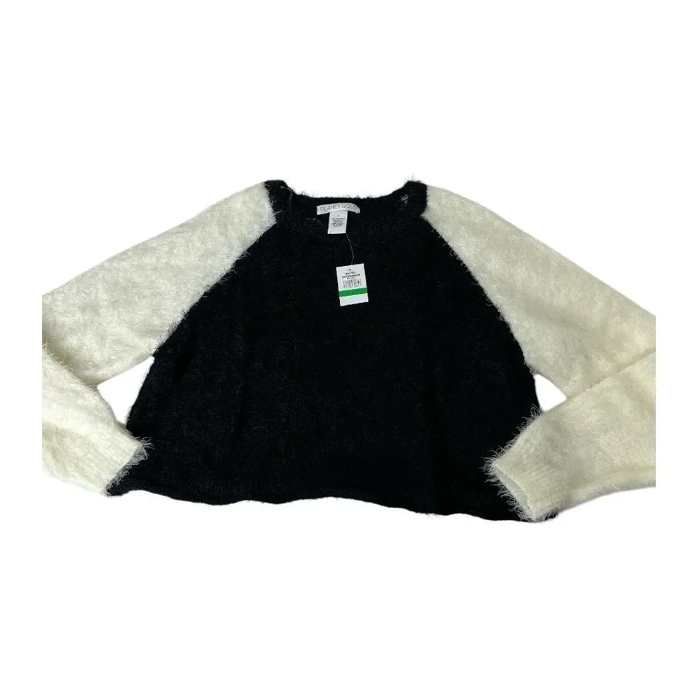 PLANET GOLD Juniors Fuzzy Cropped Baseball Sweater Black White L Large‎ NWT